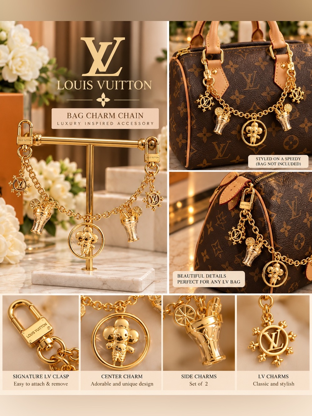Gold-Tone Bag Chain Charm with Floral Medallion